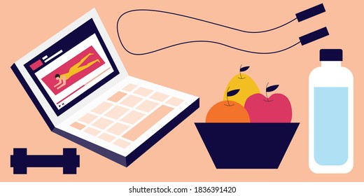 Illustration vector isolated flat cartoon of laptop with exercise page, fruit in bowl, water bottle, Jump rope as sign
