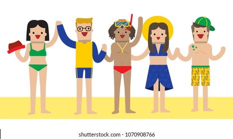 Illustration vector isolated flat cute cartoon character on white background.Diverse group of friend asian,African American,black man and woman with summer fashion,bikini,scuba,surfer style,millennia