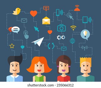 Illustration of vector isolated flat design people social network composition with icons