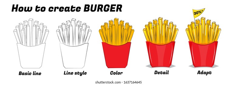 Illustration vector isolated french fries with red box or carton food line and coloring for graphic drawing tutorial