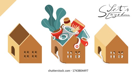 Illustration vector isolated full and empty cardboard paper house box for lets stay home with hobby or cat pet for quarantine or moving to new a apartment concept