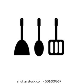 Illustration Vector isolated image of blades on white background in flat style. Icon utensils. Sign auxiliary cutlery. Logo with black silhouettes. For cooking. Cook tool. Standard set of devices. EPS