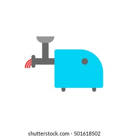Illustration Vector isolated image of colored meat grinder on white background in flat style. Icon kitchen equipment. Subject of to grind food, meat, fish. For the interior. Fashionable design. Blank