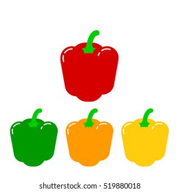 Illustration vector isolated image of red, orange, yellow and green peppers on white background in flat style. Seth fresh organic vegetarian vegetables. The product for salads, main dishes, soups. EPS