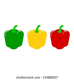 Illustration Vector isolated image of red, yellow and green peppers on white background in flat style. Seth fresh organic vegetarian vegetables. Product salads, main dishes, soups. Natural. Tasty food