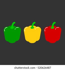 Illustration Vector isolated image of red, yellow and green peppers on dark background in flat style. Seth fresh organic vegetarian vegetables. Product salads, main dishes, soups. Natural. Tasty food.