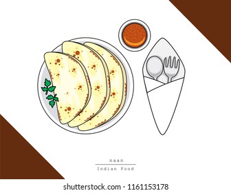 Illustration vector isolated Indian food dish on table top view with fork and spoon, Naan flatbread or roti or chapati at restaurant or homemade