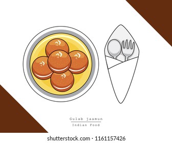 Illustration vector isolated Indian food dish on table top view with fork and spoon, desert or sweet Gulab jamun served at restaurant or homemade