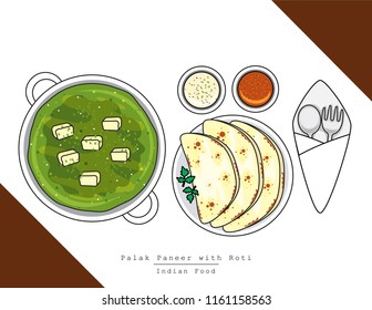 Illustration vector isolated Indian food dish on table top view with fork and spoon, palak paneer, vegetarian or vegan curry served Naan flatbread or roti or chapati at restaurant or homemade