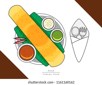 Illustration vector isolated Indian food dish on table top view with fork and spoon, Dosa masala on leaf served at restaurant or homemade