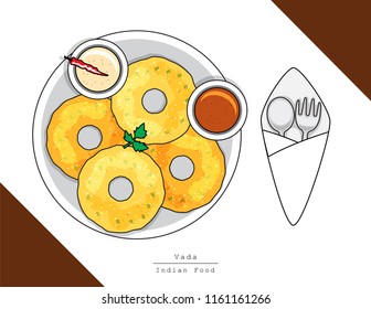 Illustration vector isolated Indian food dish on table top view with fork and spoon, breakfast or snack vada or vadai served at restaurant or homemade