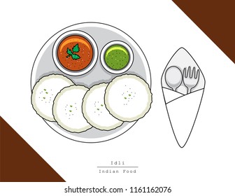 Illustration vector isolated Indian food dish on table top view with fork and spoon, Idli masala rice cake breakfast served at restaurant or homemade