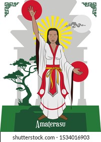 Illustration Vector Isolated Of Japanese Mythical Goddess, Amaterasu, Sun Goddess.