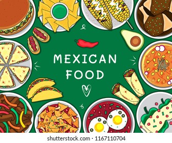 Illustration vector isolated Mexican food top view on table line doodle style of Mole tacos burrito nachos fajitas tortilla salsa sauce as Mexico restaurant menu concept