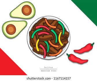 Illustration vector isolated Mexican food top view on table line doodle style of fajitas or stir fried beef and chili pepper as Mexico restaurant menu concept