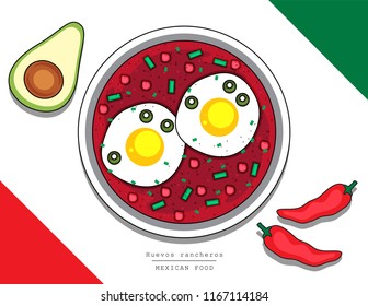 Illustration vector isolated Mexican food top view on table line doodle style of Huevos rancheros or egg fried breakfast as Mexico restaurant menu concept