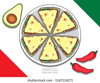 Illustration vector isolated Mexican food top view on table line doodle style of Chilaquiles with Quesadillas as Mexico restaurant menu concept