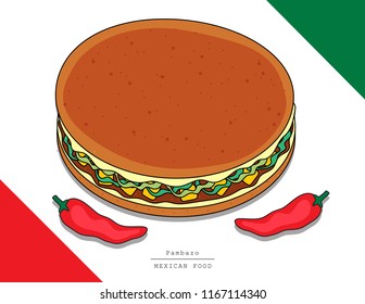 Illustration vector isolated Mexican food top view on table line doodle style of Pambazo or big burger or sandwich as Mexico restaurant menu concept