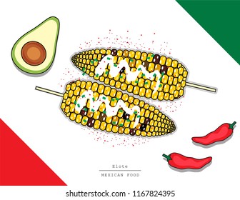 Illustration vector isolated Mexican food top view on table line doodle style of Elote or spicy grilled corn barbecue as Mexico restaurant menu concept