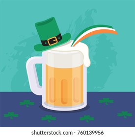 Illustration vector isolated Mug of craft beer on st. Patrick's Day of Irish concept.  Hat and Irish flag on rainbow on foam of beer.