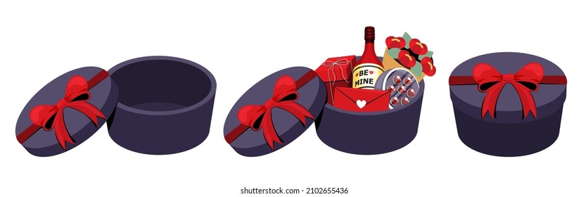 illustration vector isolated on white background of food and drink basket on valentines day gift set box. 
