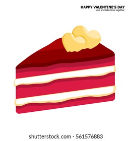 Illustration vector isolated of red velvet cake slice with couple heart topping on Valentine's Day concept.