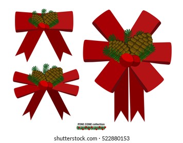 Illustration vector isolated of ribbon bow and pine cone set.