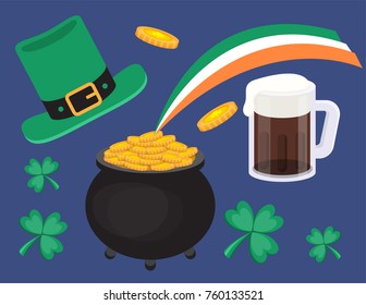 Illustration vector isolated seamless pattern background of set object on st. Patrick's Day of leprechaun hat,
Pot of gold,black beer,shamrock gold coin,three leaf clover,hat,Irish flag on rainbow.