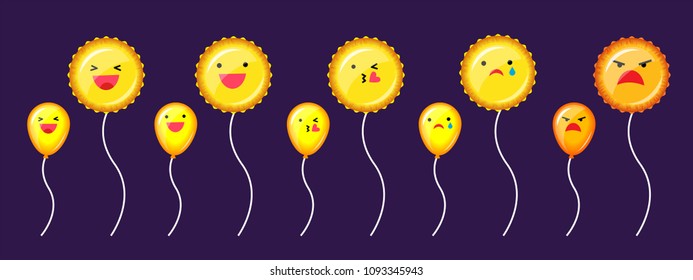 Illustration vector isolated set cartoon flat style of cute happy and sad face and emoticons set on social network on group of flying balloon as social media marketing concept..
