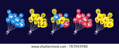 Illustration vector isolated set cartoon flat style of cute happy face and emoticons set on social network on group of flying balloon as social media marketing concept..