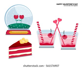 Illustration vector isolated set of red velvet cake slice , couple glass of Italian strawberry soda with cherry and couple rose in snow globe on Valentine's Day concept on white background.