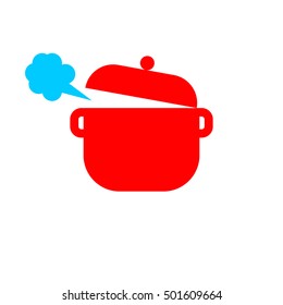 Illustration Vector Isolated Silhouette Of Image Of Red Pots On White Background In Flat Style. Icon Utensils. Subject Of To Cooking. Boiling Food. Sign With Steam. Simple Logo Design. Logo With Lid.