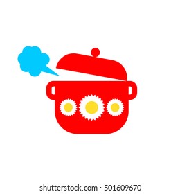 Illustration vector isolated silhouette of image of red pots with flowers on white background in flat style. Icon utensils. Subject of to cooking. Boiling food. Sign with steam. Simple logo design.