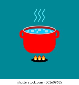 Illustration vector isolated silhouette of image of red pots on blue background in cute style. Icon kitchenware. Subject of to cooking. Boiling food. Sign with steam. Simple logo design. Logo gas hob