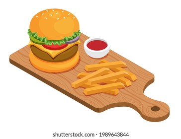 Illustration vector isometric 3D flat design of beef burger, French fries and tomatoes ketchup on wooden cutting board isolated on white background.