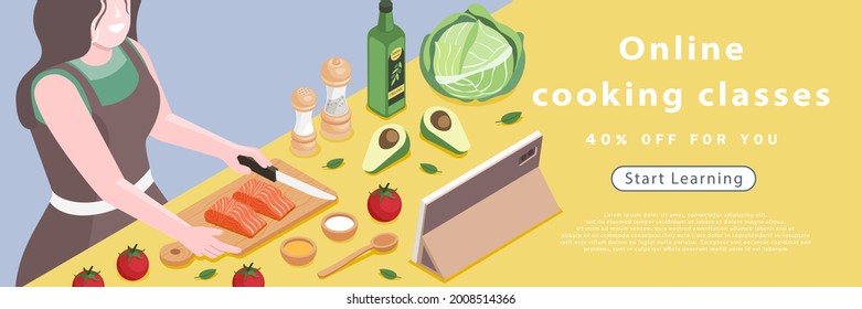 Illustration vector isometric banner design on online cooking classed concept. Woman with tablet on kitchen table.