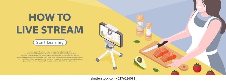 Illustration vector isometric banner design of woman is cooking salmon fish on kitchen table. Online cooking class concept