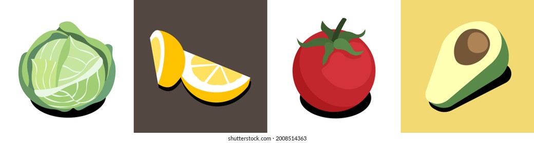 Illustration vector isometric collage banner design of healthy food eating concept. Cabbage,sliced lemon, tomato, avocado vegetables on table at dining room