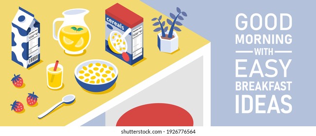 Illustration Vector Isometric Of  Easy Breakfast Set On Table With Cornflakes And Milk Bowl As Good Morning Concept