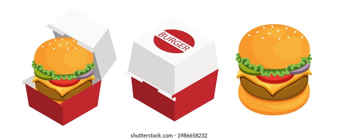 illustration vector isometric food of burger box and hamburger isolated on black background for flyer ads design.