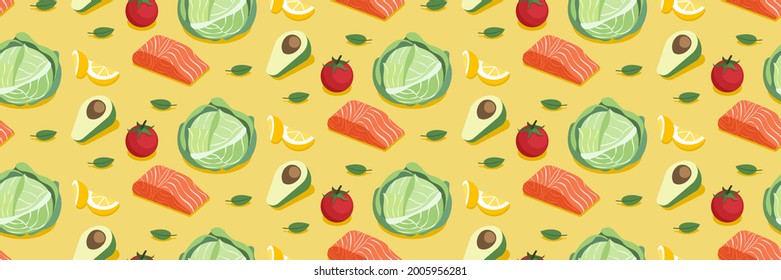 Illustration vector isometric seamless pattern background design of healthy food eating concept. Cabbage,sliced lemon, tomato, avocado vegetables, salmon fillet on kitchen table at dining room