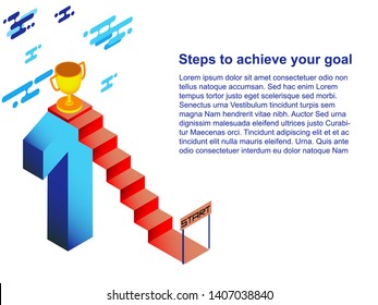 Illustration vector isometric style of steps covering red carpet. Concept achieve your goal. The start point with flag and gold trophy on the top of blue number one. At high cover with modern clouds.