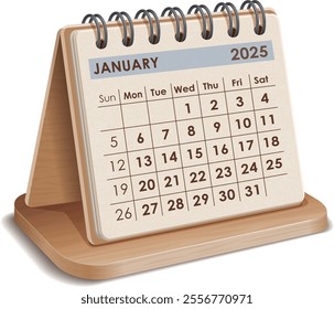 Illustration vector of January 2025 WOODEN and cardboard Calendar isolated in white background, made in Adobe illustrator