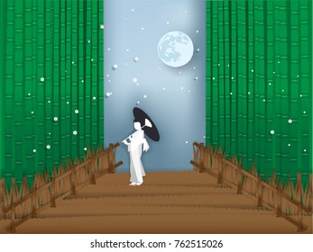 Illustration Vector Of Japanese Bamboo Forest In Paper Style