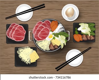 illustration vector of Japanese Sukiyaki with high-quality Japanese beef,egg, noodles and vegetables in traditional Hot Pot, sukiyaki graphic design concept