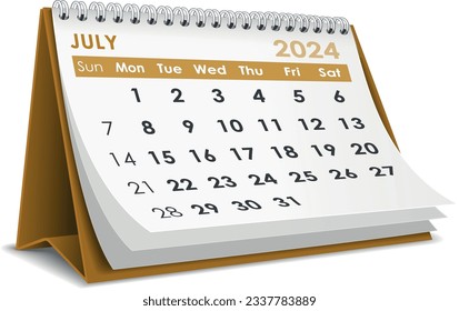 Illustration vector of  July 2024 Calendar isolated in white background, made in Adobe illustrator