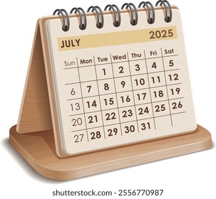 Illustration vector of July 2025 WOODEN and cardboard Calendar isolated in white background, made in Adobe illustrator