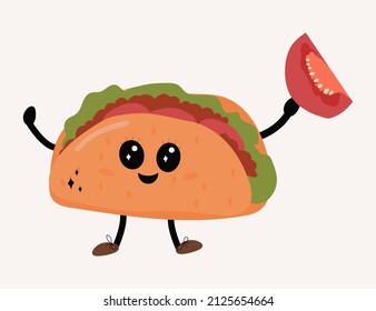 Illustration of a vector kawaii icon of a cartoon mascot Taco. Cute taco character. Suitable for Web landing Page, Banner, Flyer, Sticker, Postcard