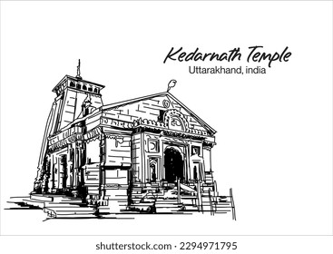 Ilustración o vector templo kedarnath uttarakhand, india