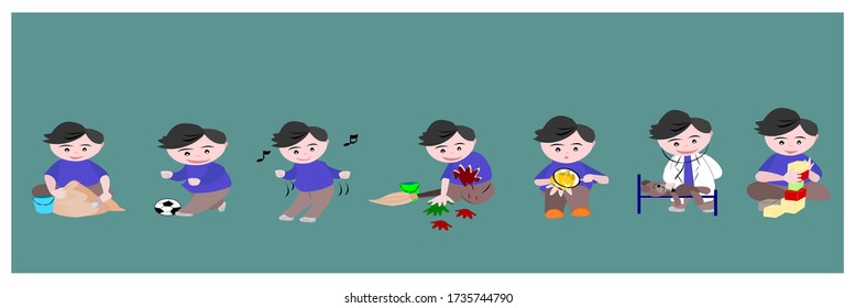 Illustration vector kid on isolate background. Learn and playing online. Children doing activities for kindergarteners. Clipart Cartoon character education concept. Decoration the classroom website.